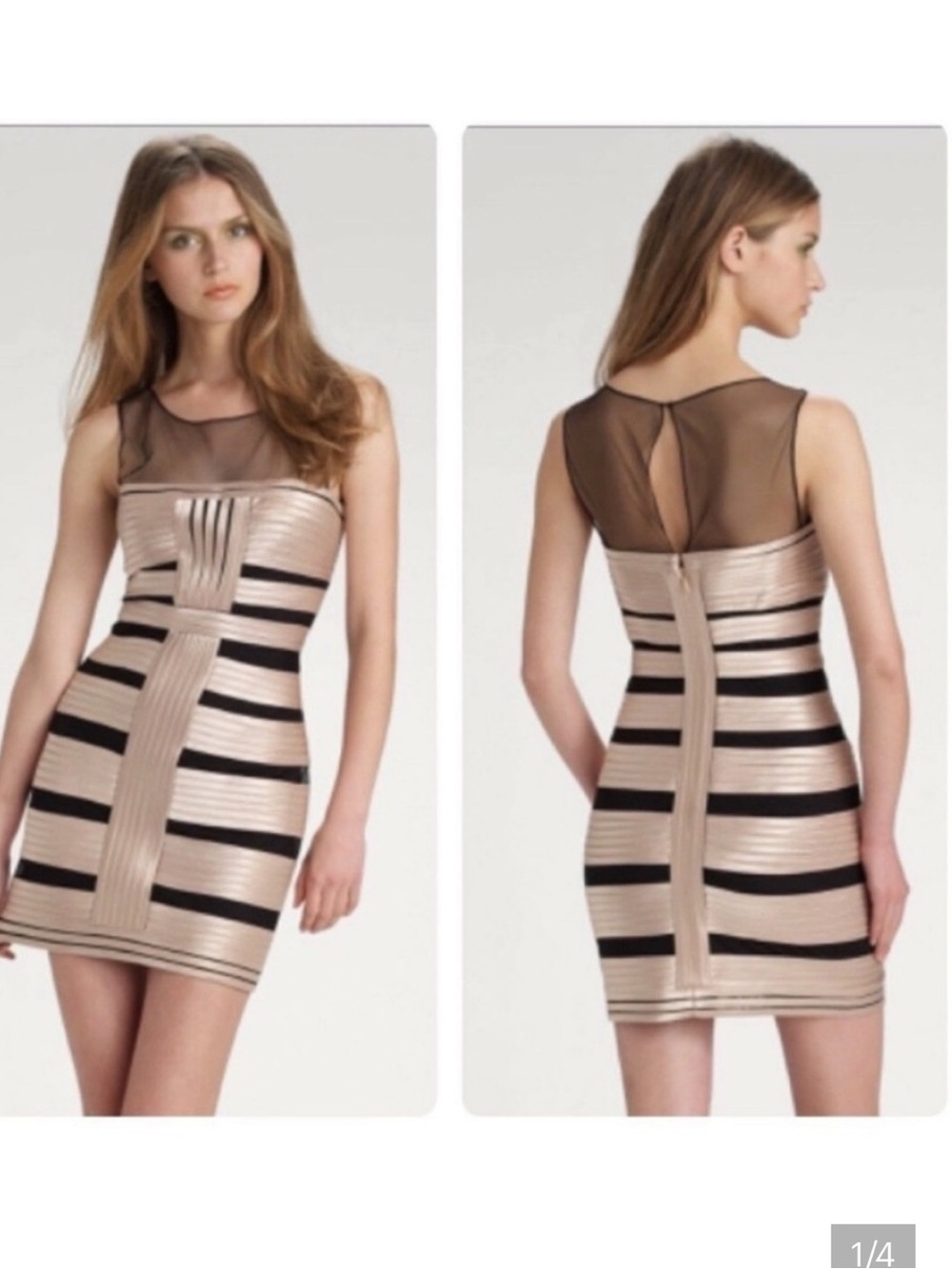 BCBGMaxAzria Black and Gold-Tone Striped Mesh Cocktail Dress